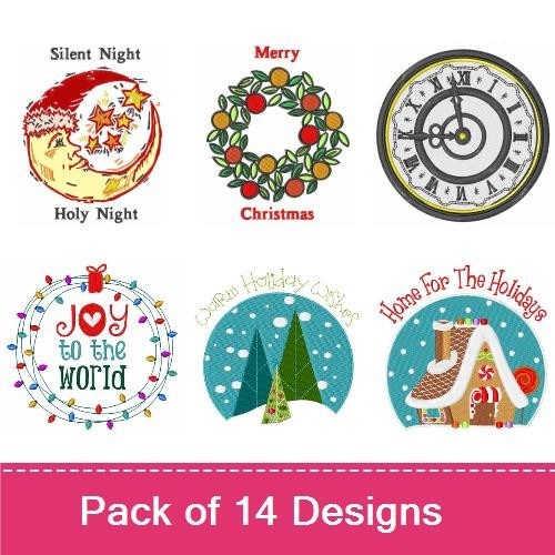 Festive Clocks & Decorations Embroidery Designs Bundle – Joy to the World, Holiday Wreath, Alarm Clock & More (14 Designs)