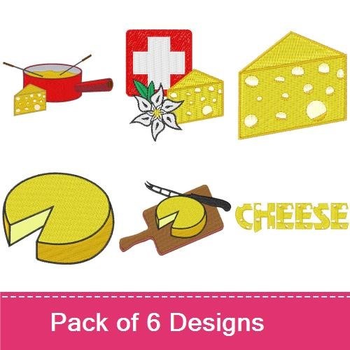 Cheese Embroidery Designs Bundle – Cheese Wheel on Cutting Board, Cheese Fondue Pot, Swiss Cheese Block & More (6 Designs)