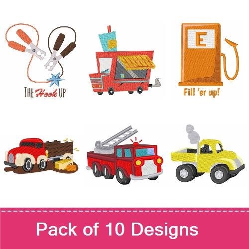 Vintage Trucks and Vehicles Embroidery Designs Bundle – Yellow Pickup Truck, Fire Truck, Red Car & More (10 Designs)