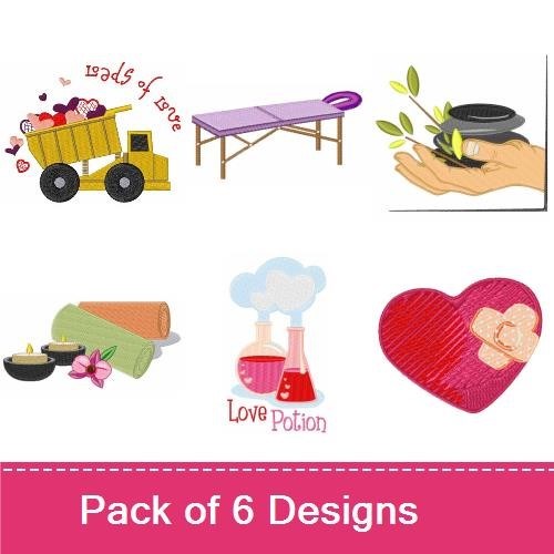 Love and Wellness Embroidery Designs Bundle – Heart with Bandage, Dump Truck with Hearts, Massage Table & More (6 Designs)