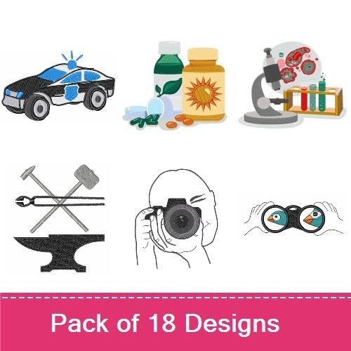 Everyday Essentials Embroidery Designs Bundle – Microscope, Test Tubes, Roller Skates, Police Car & More (18 Designs)