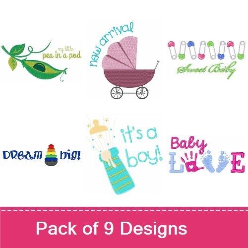 Baby Themed Embroidery Designs Bundle – Baby Love, Baby Feet, Baby Bottle & More (9 Designs)