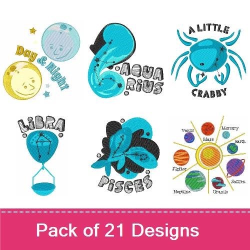 Celestial Ocean Embroidery Designs Bundle – A Little Crabby, Shooting Star, Day & Night & More (18 Designs)