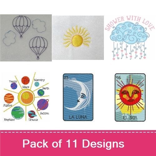 Sky and Space Theme Embroidery Designs Bundle – Sun with Planets, Venus, Mars & More (10 Designs)