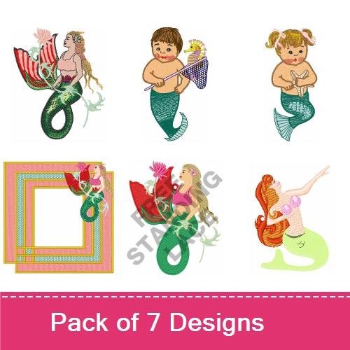 Mermaid Embroidery Designs Bundle – Mermaid with Pink Shells, Mermaid with Red Hair, Mermaid with Umbrella & More (6 Designs)