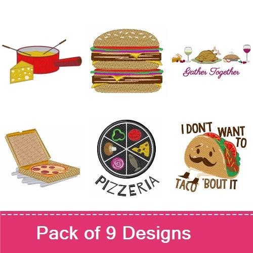 Food-themed Embroidery Designs Bundle – Taco with Mustache, Cooking Pot, Cheese Slice & More (9 Designs)