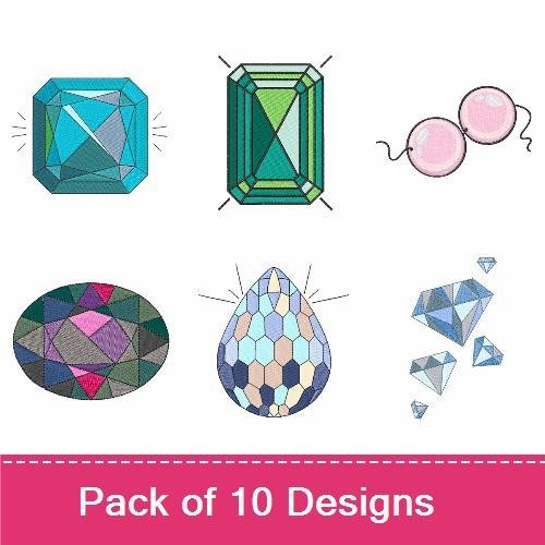 Colorful Gemstones Embroidery Bundle – Blue Gemstone, Pink Gemstone, Purple Gemstone & More (10 Designs)