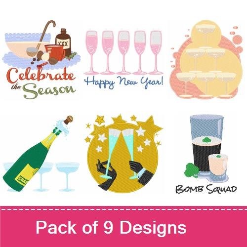 Festive Drinks Embroidery Designs Bundle – Coffee Pot, Champagne Bottle, Cocktail Glasses & More (9 Designs)