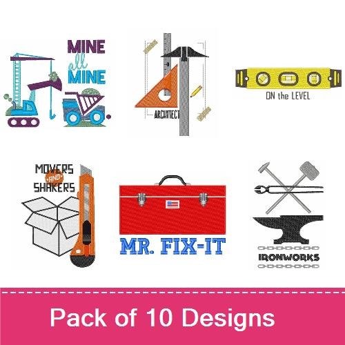 Handyman and Construction Tools Embroidery Designs Bundle – On the Level Tool, Mr. Fix-It Tool Box, Hammer and Nail & More (10 Designs)