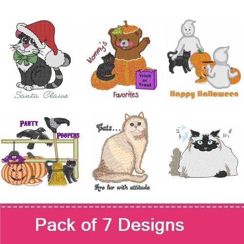Festive Cats & Halloween Embroidery Designs Bundle – Siamese Cat, Pumpkin Cat, Happy Halloween Cat & More (7 Designs)