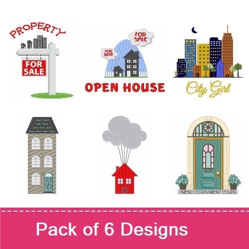 Home and City Life Embroidery Designs Bundle – Charming Door, City Skyline, Open House & More (6 Designs)