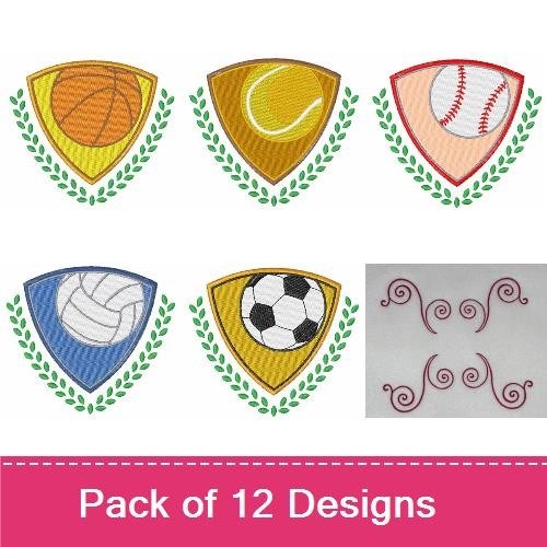 Sports Shield Embroidery Designs Bundle – Basketball, Tennis, Soccer, Volleyball & More (12 Designs)