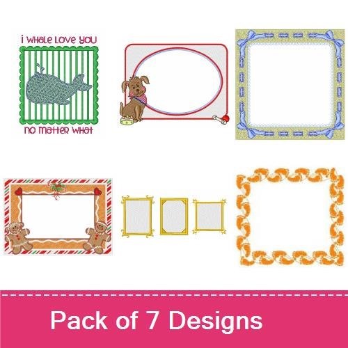 Whimsical Frame Embroidery Designs Bundle – Orange Scroll, Green Whale Love, Pink Dog & More (7 Designs)