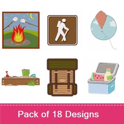Outdoor Activities & Gardening Embroidery Designs Bundle – Flower Pot, Campfire, Hiking Icon & More (18 Designs)