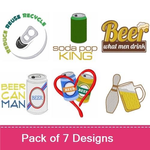 Beer & Beverage Embroidery Designs Bundle – Beer Can Man, Soda Pop King, Wine Glasses & More (7 Designs)