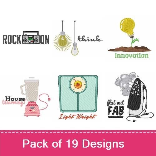 Retro Home Embroidery Designs Bundle – Rock On, Old School Record Player, Time Flies Clock & More (18 Designs)