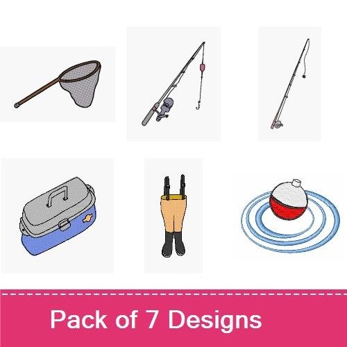 Fishing Themed Embroidery Designs Bundle – Fisherman Sitting, Fishing Rod, Tackle Box & More (7 Designs)