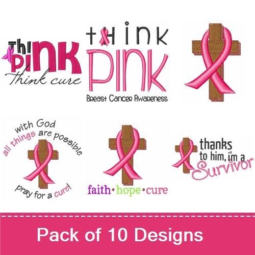 Breast Cancer Awareness Embroidery Designs Bundle – Pink Ribbon Cross, Think Pink Logo, & More (10 Designs)