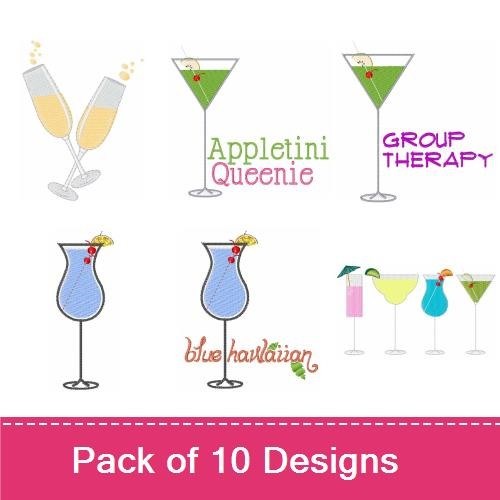 Cocktails & Celebrations Embroidery Designs Bundle – Champagne Glasses, Appletini Queen, Cheers & More (10 Designs)