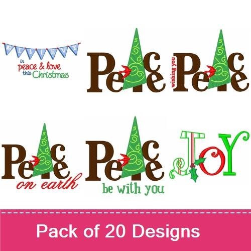 Christmas Tree and Peace Text Embroidery Bundle – Joyful Holiday Designs (20 Designs)