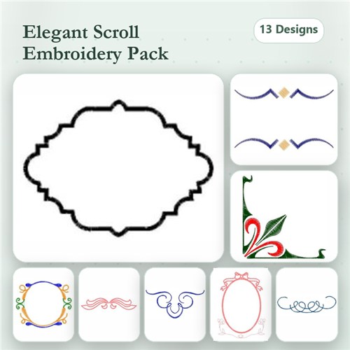 Elegant Scroll Embroidery Designs Bundle – Scroll Frames, Decorative Scrolls, Floral Elements & More (13 Designs) Elegant Scroll Embroidery Designs Bundle – Scroll Frames, Decorative Scrolls, Floral Elements & More (13 Designs)