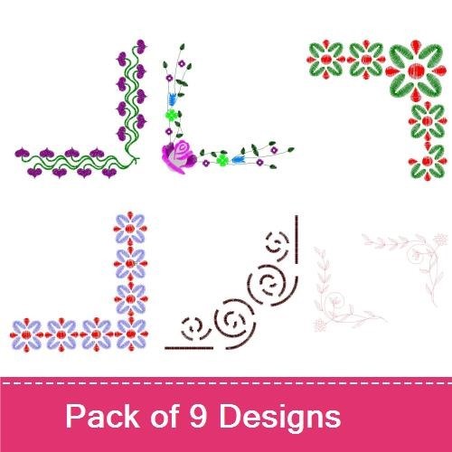 Floral Scroll Corner Embroidery Bundle – Floral Corner Design with Rose, Curved Floral Scroll, Floral Cluster Design & More (9 Designs)