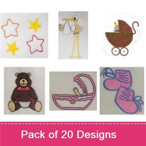 Whimsical Baby & Fairy Embroidery Designs Bundle – Stork with Baby, Teddy Bear, Baby Carriage & More (19 Designs)