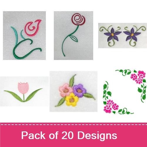 Floral and Fairy Embroidery Designs Bundle – Pink Tulip, Blue Butterfly, Swirled Rose & More (19 Designs)