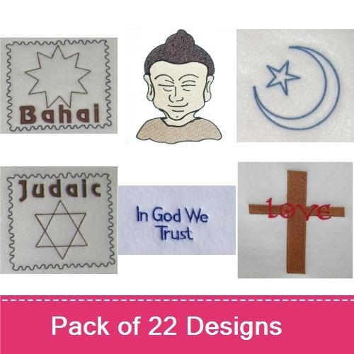 Faith Symbols Embroidery Designs Bundle – Christian Cross, Buddha, In God We Trust & More (17 Designs)