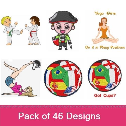 Fitness & Sports Themed Embroidery Designs Bundle – Dancer in Pink, Fitness Girl, Superhero Shield & More (41 Designs)