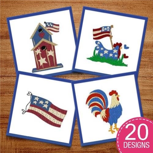 Patriotic Americana Embroidery Designs Bundle – American Flag, Star with Blue and White, Heart with American Flag & More (20 Designs)