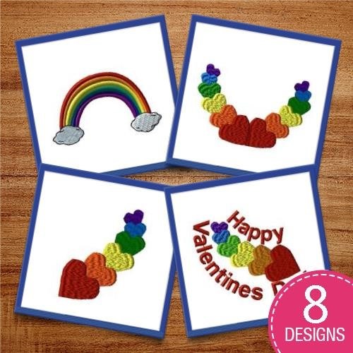 Rainbow & Hearts Embroidery Bundle – Rainbow with Clouds, Colorful Hearts, Happy Valentine's Day Text & More (8 Designs)