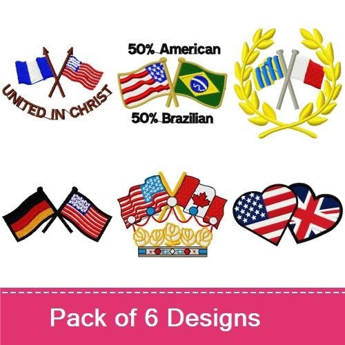 International Flags Embroidery Designs Bundle – French Flag, American Flag, Brazilian Flag & More (6 Designs)