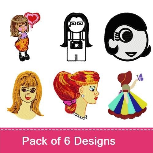 Whimsical Girls Embroidery Designs Bundle – Girl with Heart Balloon, Girl with Sunglasses, Female Face & More (6 Designs)
