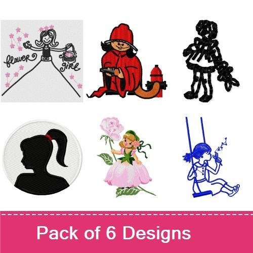 Flower Girl & Basket Holder Embroidery Designs Bundle – Flower Girl, Girl with Basket, Sitting Girl with Rose & More (6 Designs)