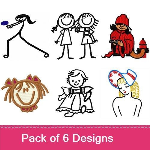 Whimsical Kids Embroidery Designs Bundle – Girl Throwing Frisbee, Two Kids Holding Hands, Smiling Girl & More (6 Designs)