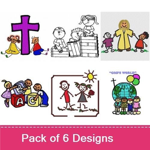 Kids & Faith Embroidery Designs Bundle – Kids with Cross, Children Building Blocks, Happy Family & More (6 Designs)