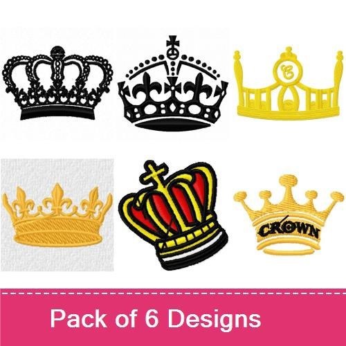Crown Embroidery Designs Bundle – Regal Crown, Ornate Crown, Black Crown with Gems & More (6 Designs)