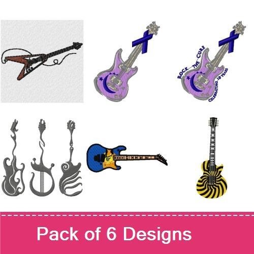 Electric Guitar Embroidery Designs Bundle – Electric Guitar with Wings, Purple Electric Guitar, Blue Electric Guitar & More (6 Designs)