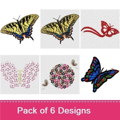 Butterflies & Floral Embroidery Designs Bundle – Colorful Butterfly, Floral Heart with Flowers, Red Butterfly & More (6 Designs)