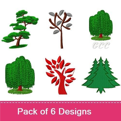 Stylized Trees Embroidery Designs Bundle – Green & Red Trees, Leafy Tree & More (6 Designs)