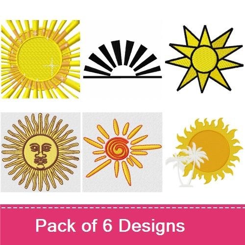 Sun Embroidery Designs Bundle – Sun with Rays, Radiating Sun, Smiling Sun Face & More (6 Designs)