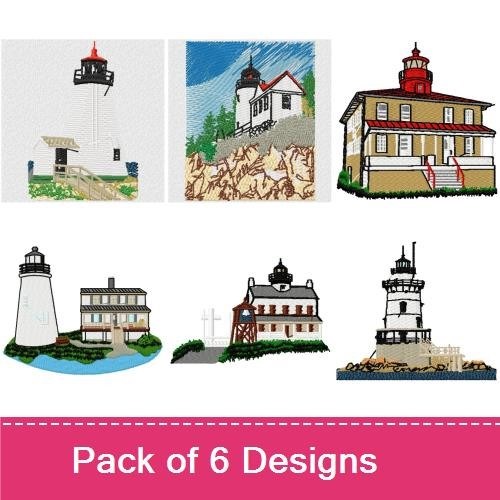 Lighthouse Embroidery Designs Bundle – Lighthouse with Red Roof, Beachside Lighthouse, Historic Lighthouse & More (6 Designs)