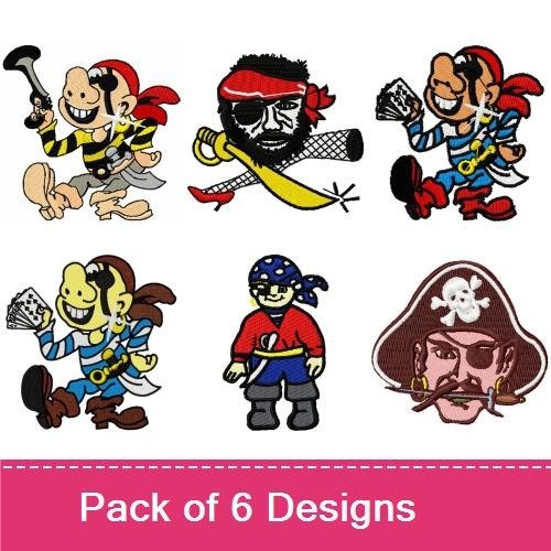 Playful Pirate Characters Embroidery Designs Bundle – Pirate with Hook, Pirate with Bandana and Sword, Pirate Captain & More (6 Designs)
