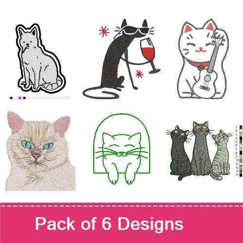 Charming Cats Embroidery Designs Bundle – Happy Cat, Sassy Cat with Wine Glass, Cat with Guitar & More (6 Designs)