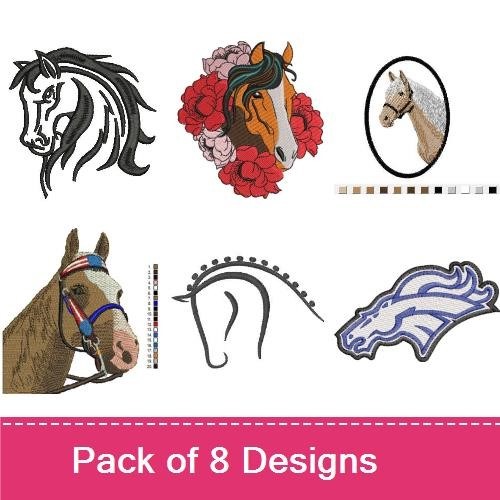 Horse-Themed Embroidery Designs Bundle – Horse Head with Flowers, Detailed Horse Face, Horse Silhouettes & More (8 Designs)