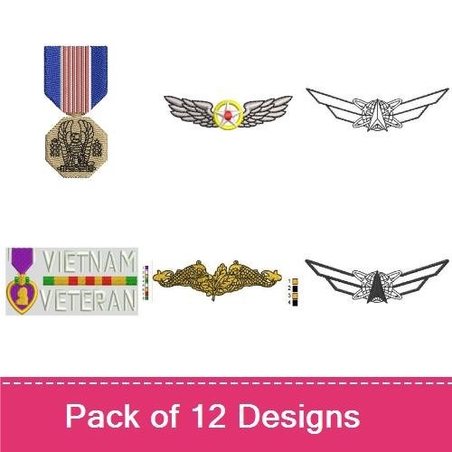 Military Veteran Emblems Embroidery Designs Bundle – Vietnam, Korean War, Medal of Honor & More (12 Designs)