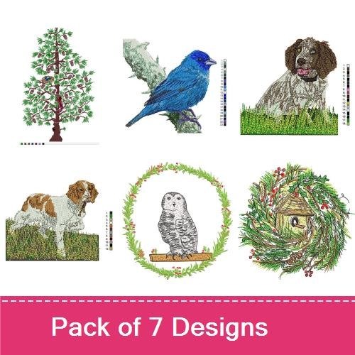 Tree & Bluebird Embroidery Bundle – Dog & Owl Designs (7 Designs)
