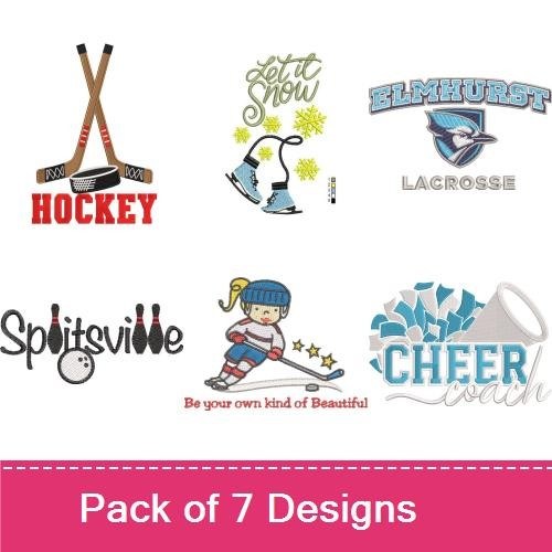 Sports and Winter Fun Embroidery Designs Bundle – Hockey Crossed Sticks & Puck, Penguin, Cheer & More (7 Designs)