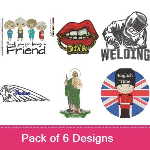 Character & Theme Embroidery Designs Bundle – Friends Character Group, Diva Lips, Welding Design & More (6 Designs)